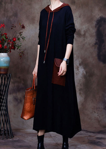 Black Hooded Woolen Sweatshirt Dress Winter