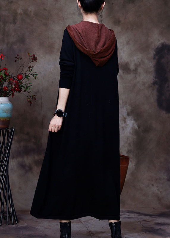 Black Hooded Woolen Sweatshirt Dress Winter