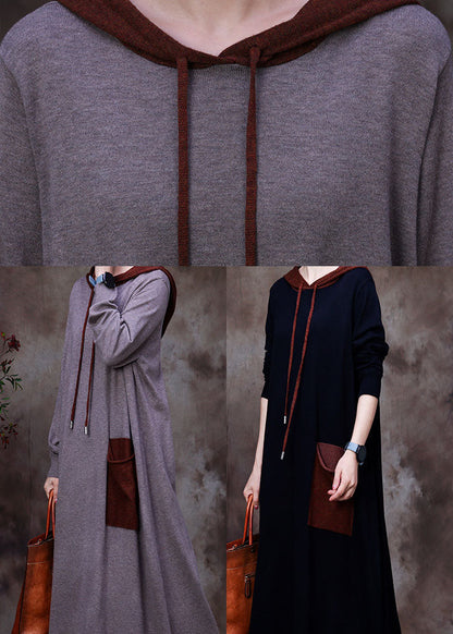 Black Hooded Woolen Sweatshirt Dress Winter