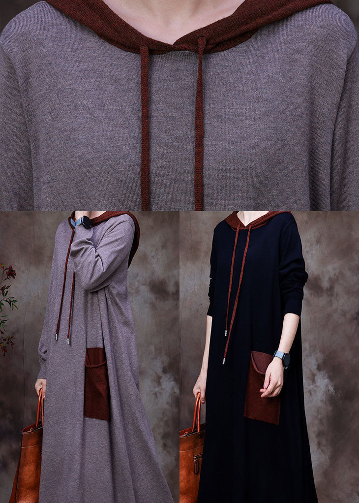 Black Hooded Woolen Sweatshirt Dress Winter