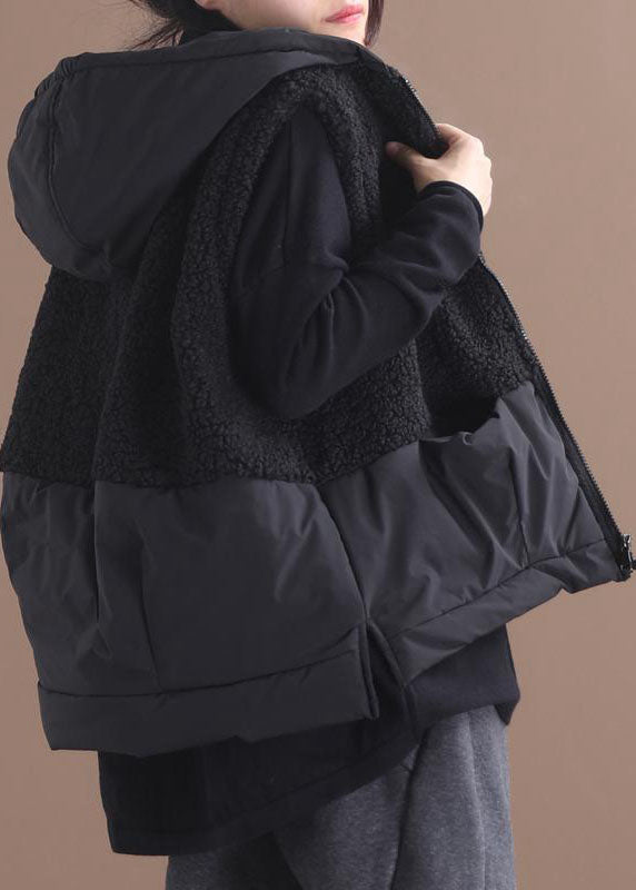 Black Hooded Zippered Pockets Patchwork Winter Waistcoat