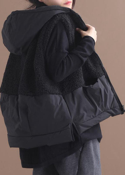 Black Hooded Zippered Pockets Patchwork Winter Waistcoat