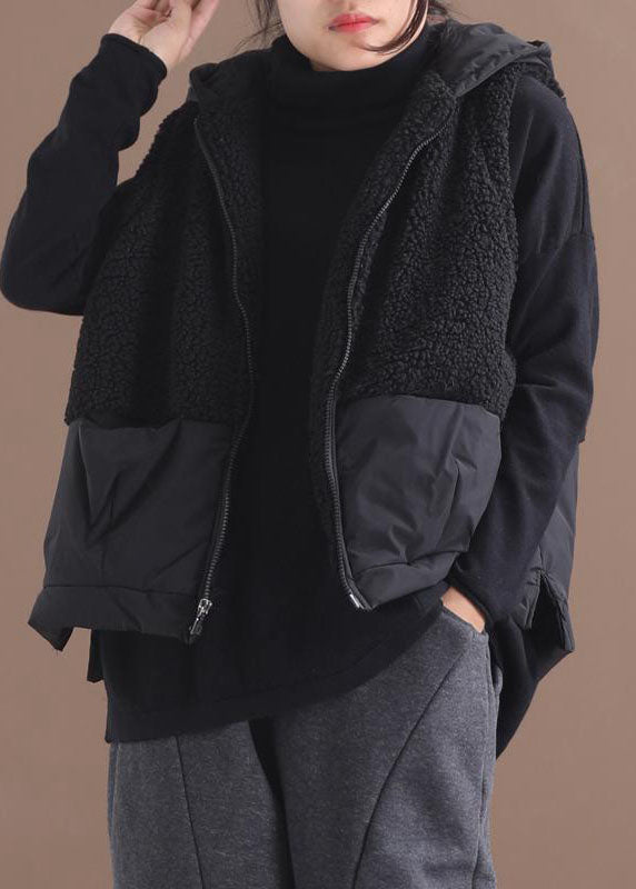 Black Hooded Zippered Pockets Patchwork Winter Waistcoat