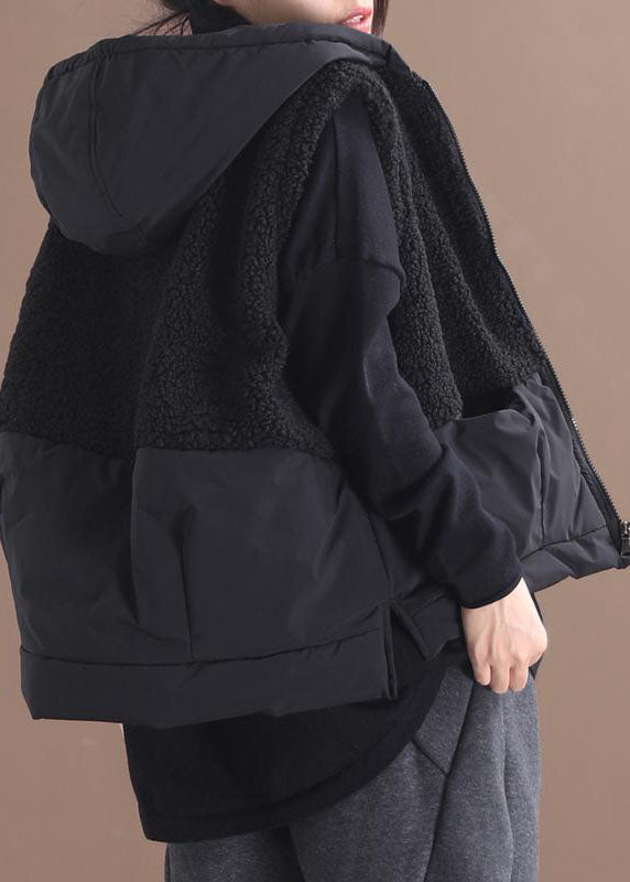 Black Hooded Zippered Pockets Patchwork Winter Waistcoat