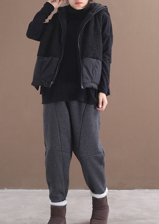 Black Hooded Zippered Pockets Patchwork Winter Waistcoat