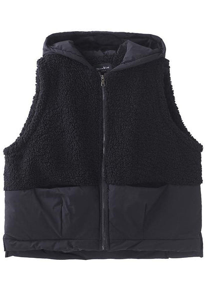Black Hooded Zippered Pockets Patchwork Winter Waistcoat