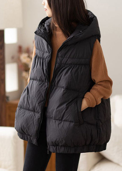 Black Hooded Zippered Warm Cotton Vest Winter