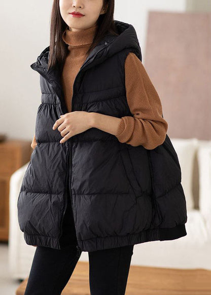 Black Hooded Zippered Warm Cotton Vest Winter