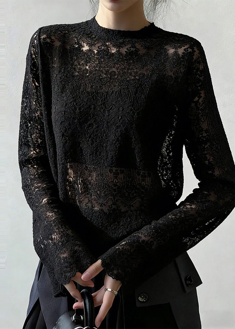 Black Jacquard Hollow Out Lace Top Spring