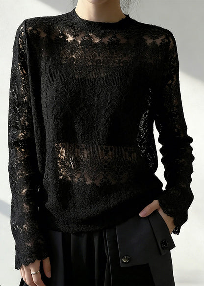 Boho Black Jacquard Hollow Out Lace Top Spring
