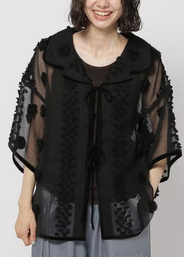 Black Jacquard Tulle Sheer Tops Summer