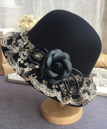 Black Lace Patchwork Woolen Bucket Hat
