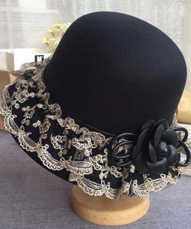 Black Lace Patchwork Woolen Bucket Hat
