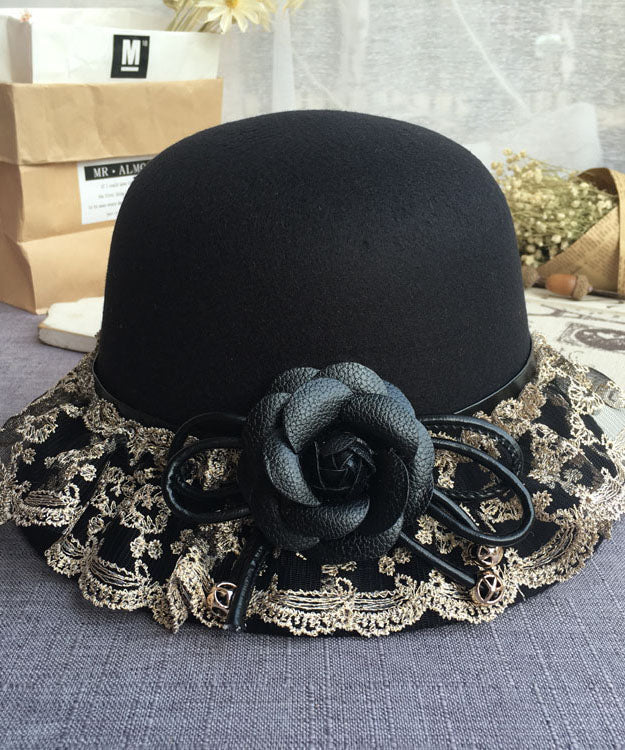 Black Lace Patchwork Woolen Bucket Hat
