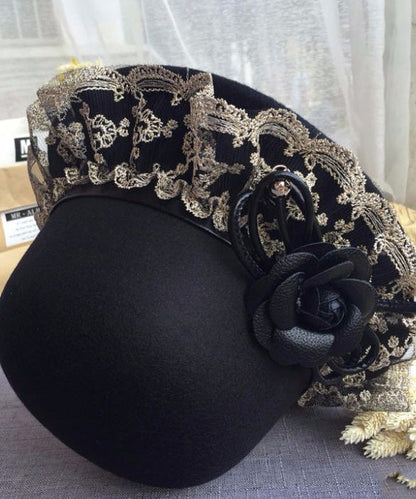 Black Lace Patchwork Woolen Bucket Hat