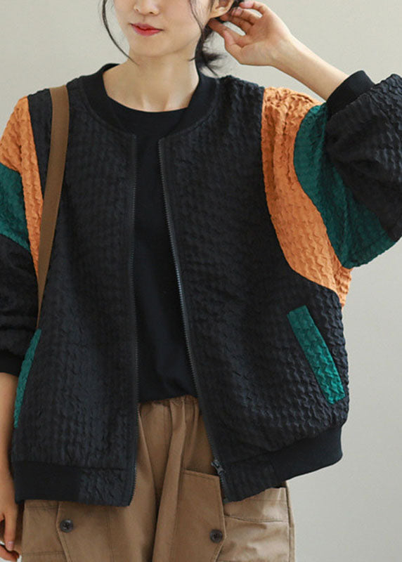 Black Loose Zippered Pockets Fall Jackets