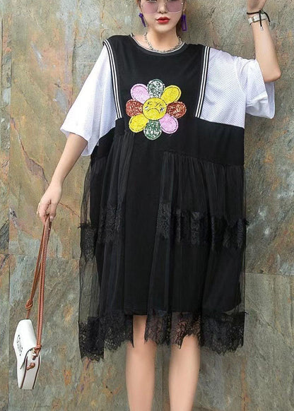 Black Nail Bead Print Asymmetrical Design Patchwork Fall Mid Dress Half Sleeve