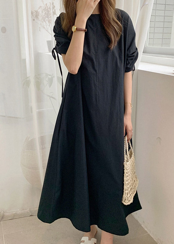 Black O-neck Drawstring Cotton Long Dress Summer