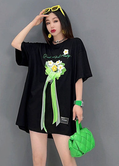 Black O-neck Embroideried Bow Cotton Tanks Short Sleeve