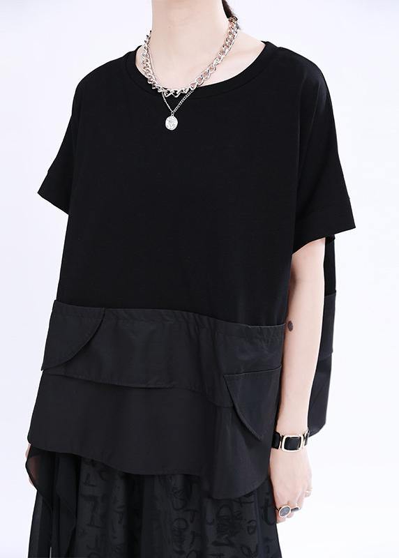 Black O-neck Patchwork Cotton Tops Summer