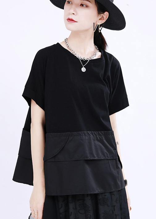 Black O-neck Patchwork Cotton Tops Summer