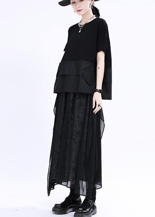 Black O-neck Patchwork Cotton Tops Summer