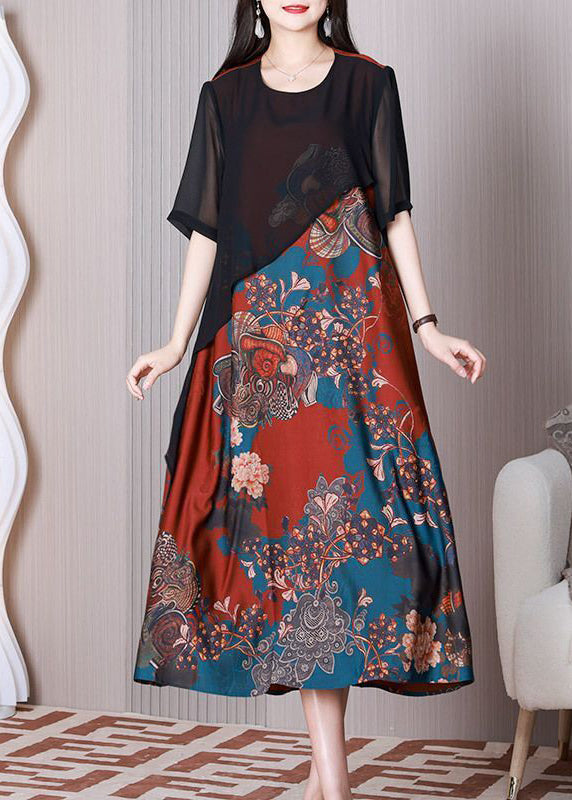 Black O-neck Patchwork Silk Fake Two Piece Long Dress Summer