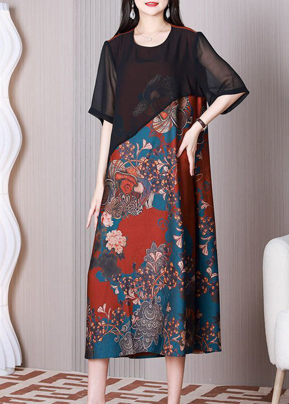 Black O-neck Patchwork Silk Fake Two Piece Long Dress Summer