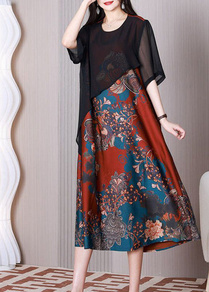 Black O-neck Patchwork Silk Fake Two Piece Long Dress Summer