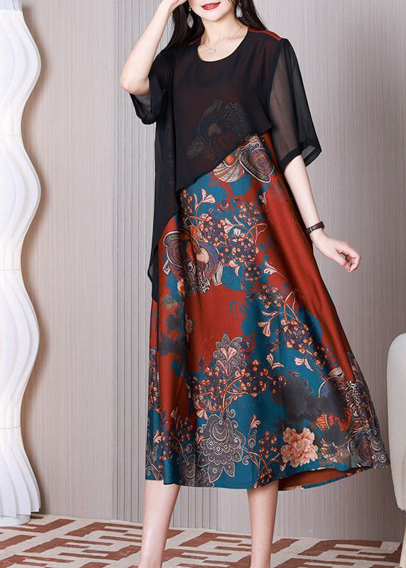 Black O-neck Patchwork Silk Fake Two Piece Long Dress Summer