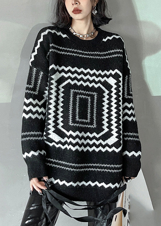 Black O-neck Plaid Cozy Thick Knit Sweater Winter