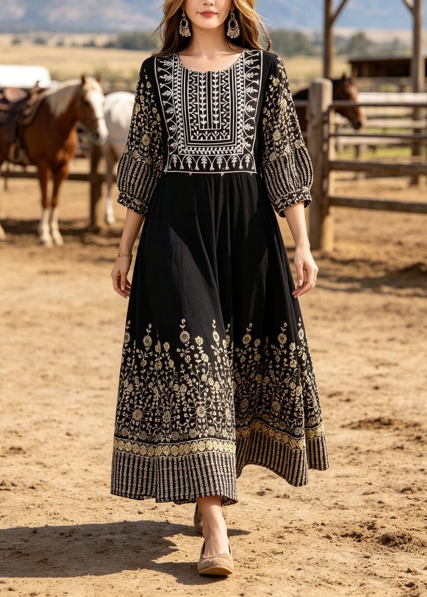 Black O Neck Print Cotton Long Dresses Summer
