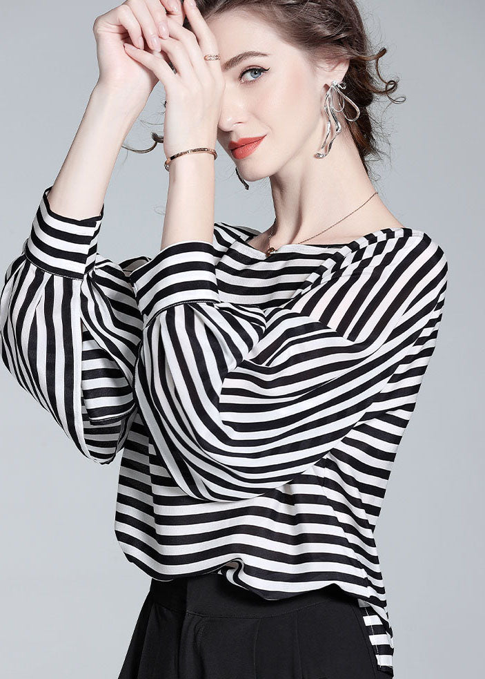 Black O Neck Striped Patchwork Silk Shirt Tops Spring