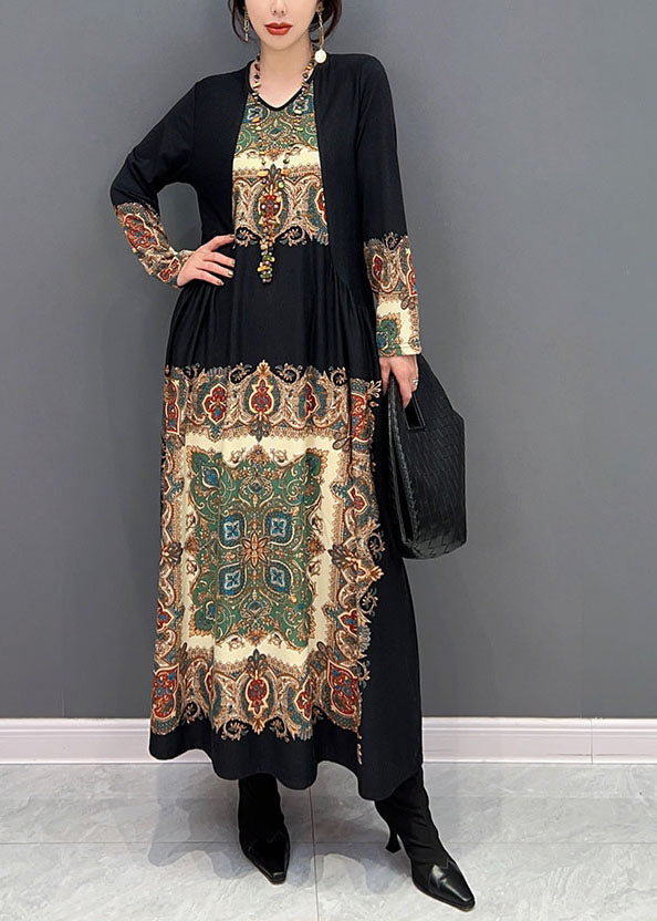 Black O Neck Wrinkled Print Silk Dresses Spring