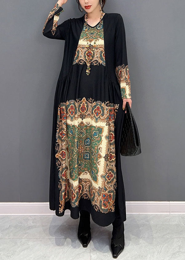 Black O Neck Wrinkled Print Silk Dresses Spring