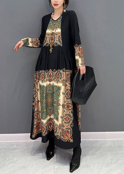 Black O Neck Wrinkled Print Silk Dresses Spring