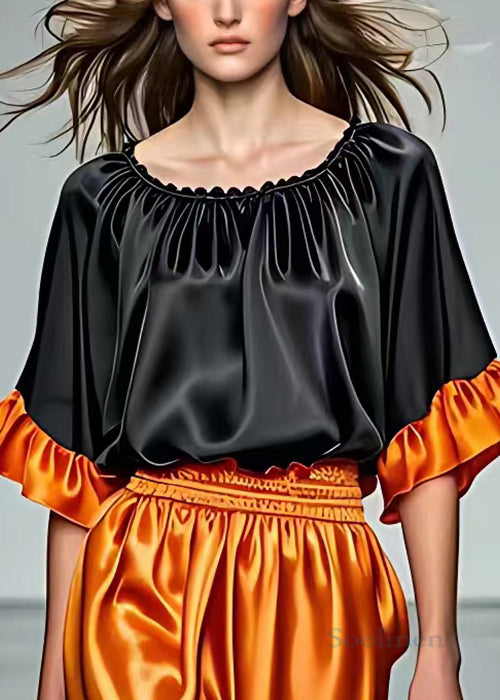 Black O Neck Wrinkled Silk Tops Half Sleeve