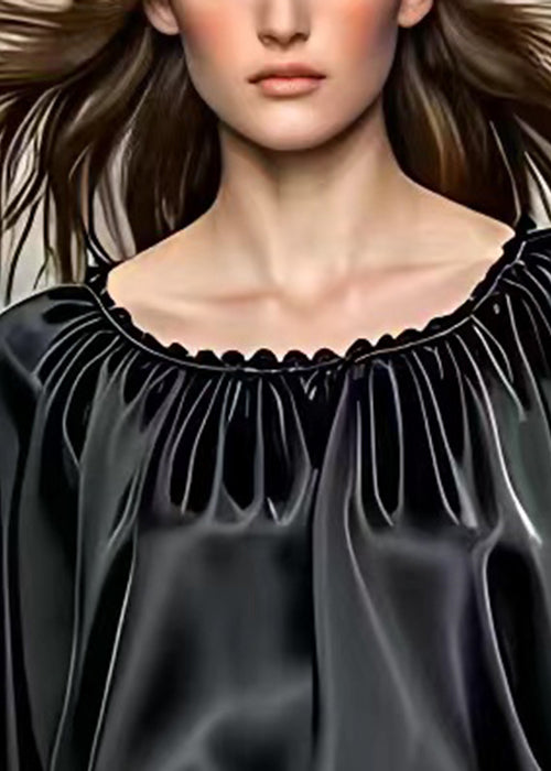 Black O Neck Wrinkled Silk Tops Half Sleeve