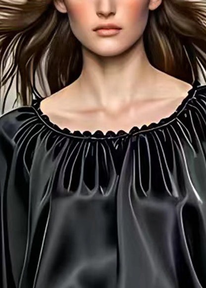 Black O Neck Wrinkled Silk Tops Half Sleeve
