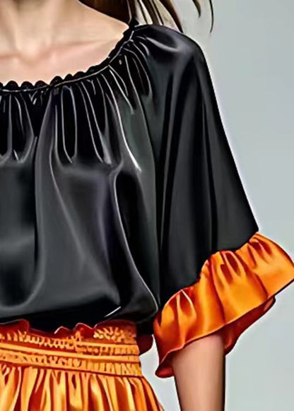 Black O Neck Wrinkled Silk Tops Half Sleeve
