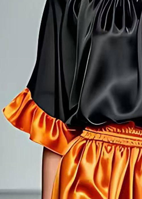 Black O Neck Wrinkled Silk Tops Half Sleeve