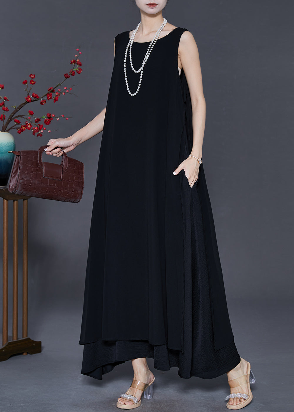 Black Oversized Chiffon a Line Dress Summer