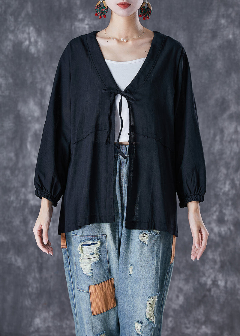Black Oversized Lace Up Linen Cardigan Fall
