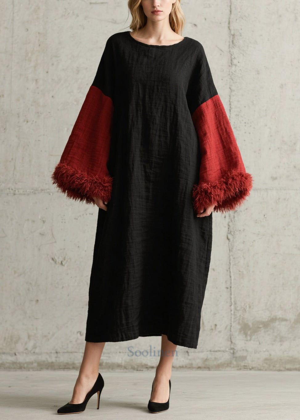 Black Oversized Patchwork Faux Fur Long Dresses Fall