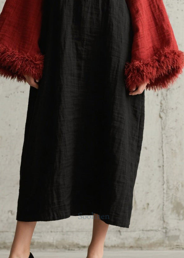 Black Oversized Patchwork Faux Fur Long Dresses Fall