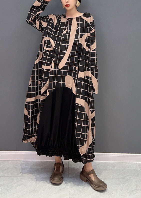 Black Oversized Patchwork Plaid Cotton Long Dress Spring