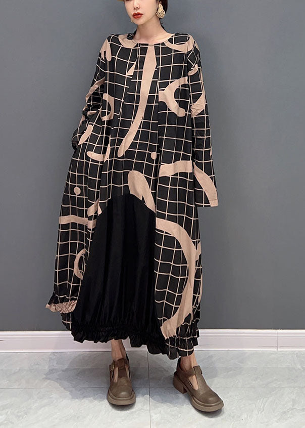 Black Oversized Patchwork Plaid Cotton Long Dress Spring