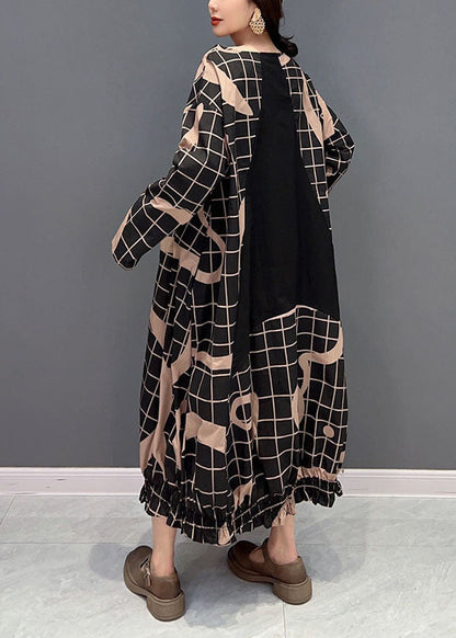 Black Oversized Patchwork Plaid Cotton Long Dress Spring