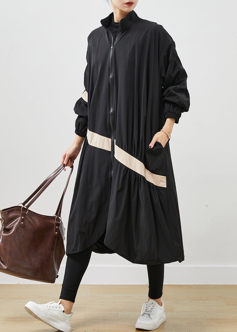 Black Oversized Patchwork Trench Coats Spring
