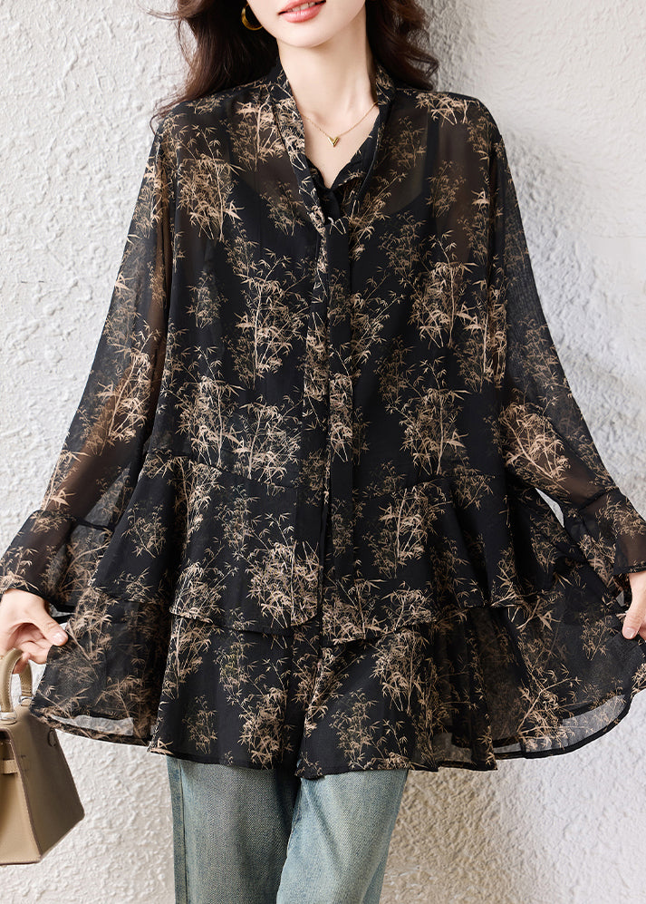 Black Oversized Print Chiffon Shirts Fall